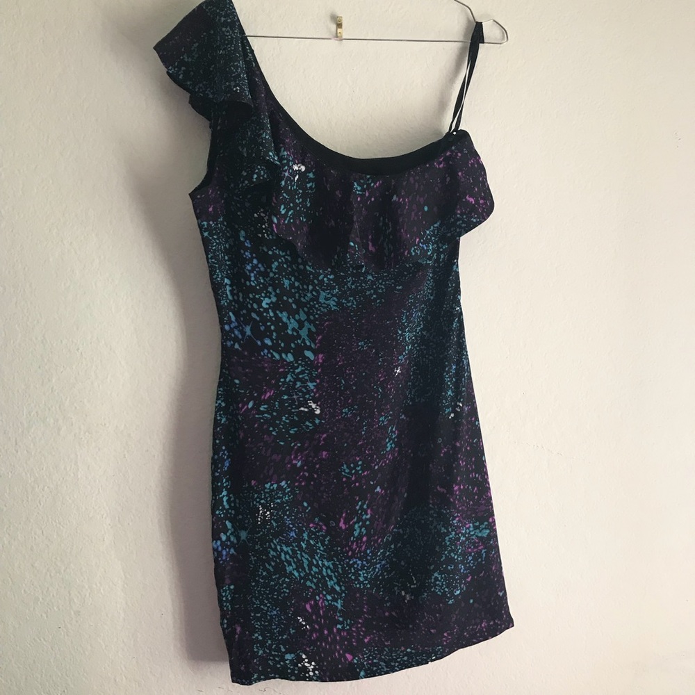 One shoulder dress with blue & purple  100% silk